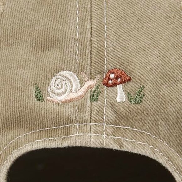 Stonewashed Cotton Baseball Cap Adjustable Fit Nature Inspired Mushroom Snail